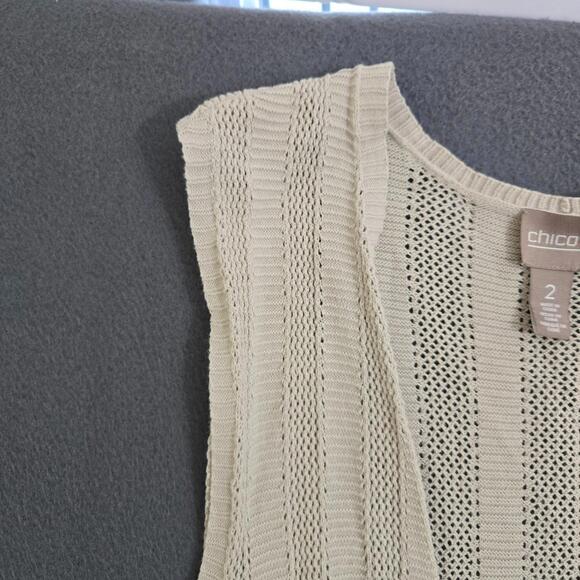 Chico's Women 2 Tan Crochet Sleeveless Cardigan Vest Rope Tie Front - Picture 5 of 12